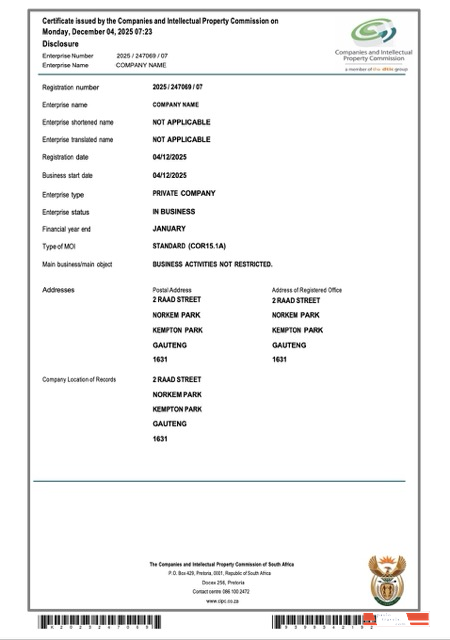South Africa certificate of company registration Word and PDF template, version 2